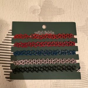 5 Set Colored Chokers, Red, Blue, Purple, Black